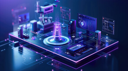Poster - Isometric illustration of an AI medical laboratory, There is tech equipment in the center, such as monitors displaying data or icons representing computer technology. Generative AI.