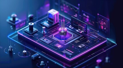 Poster - Isometric illustration of an AI medical laboratory, There is tech equipment in the center, such as monitors displaying data or icons representing computer technology. Generative AI.