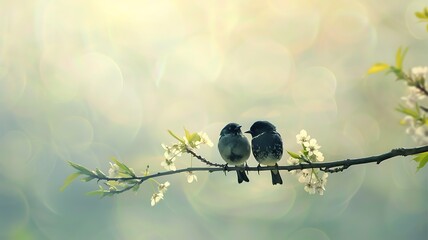 Two birds are sitting on a branch on a spring day