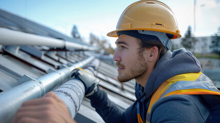 Poster - Technician in a hard hat conducting a ventilation check, inspecting a roof top ventilation pipe during daylight hours. Generative AI.