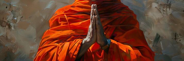 Wall Mural - An Indian monk in orange robes with hands clasped in a gesture of prayer, emanating peaceful contemplation.