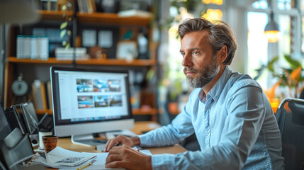 Fototapete - Corporate worker man attending an online class in his office. Generative AI.
