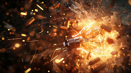 Poster - A light bulb is surrounded by a cloud of debris, including bullets. The scene is chaotic and violent, with the light bulb being the only source of order in the destruction