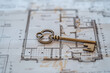 Close-up of a small, classic brass key lying on a drawing of a house floor plan, emphasizing access or purchase