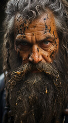 Portrait of an old man with a long beard and mustache in the street