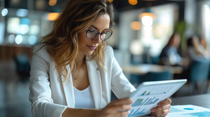 Wall Mural - Confident businesswoman analyzing financial charts on a digital tablet during a boardroom meeting. Generative AI.