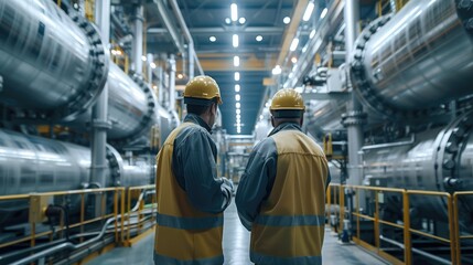 Aufkleber - Team of maintenance workers inspecting a massive industrial machine with meticulous precision at factory. Generative AI.