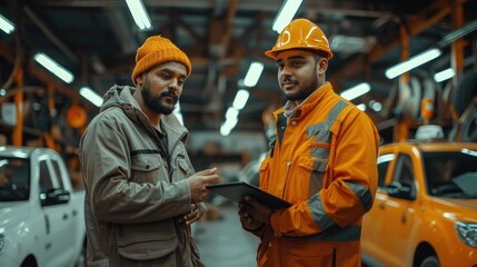 Aufkleber - Young taxi company owner with a tablet standing with a mechanic dressed like a mechanic in a garage. Generative AI.