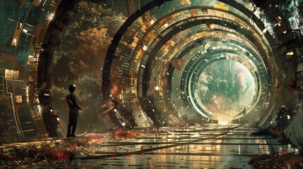 Poster - A large, swirling vortex of space with a person standing in the middle of it. The scene is filled with a sense of wonder and mystery as if the viewer is being pulled into a vortex