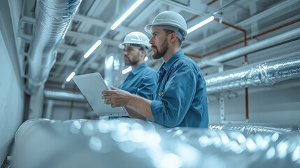 Aufkleber - Two HVAC technicians in the middle of an installation process in a bright at modern home. Generative AI.