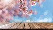 
wooden platform, spring, spring landscape, cherry blossoms, pink and blue