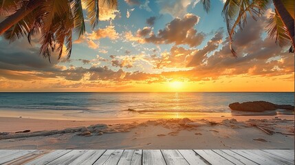 Aufkleber - Tropical sunset beach with palm trees, white wooden floor in front. Generative AI.