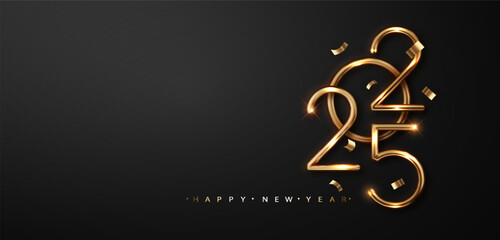 Wall Mural - 2025 golden number with falling confetti on black background. Greeting New Year and Merry Christmas design with realistic gold metal number of year.
