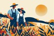 A farmer couple stands in golden fields at sunset, illustrating agricultural lifestyle and rural tranquility.