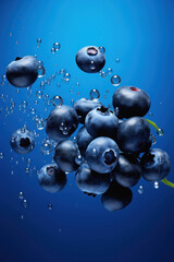 Wall Mural - Fresh Blueberries With splash of water on dark blue background