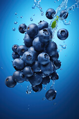 Wall Mural - Fresh Blueberries With splash of water on dark blue background