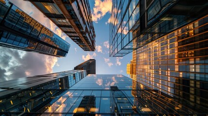 Looking directly up at the skyline of the financial district in central London 