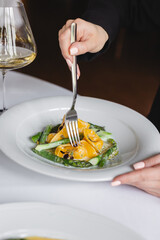 Wall Mural - Tortellini with seafood and asparagus. Spring menu, restaurant.