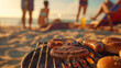 A beach picnic with a small grill cooking sausages and burgers, with friends lounging and playing in the background. , natural light, soft shadows, with copy space