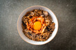 pork bulgogi rice bowl with kimchi and Korean pickled egg