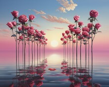 Artwork Depicting A Surreal, Symmetrical World Where Roses Grow On A Wall, Contrasting Colors On Each Side Under A Twilight Sky