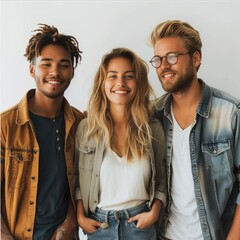 Poster - 3 people standing happy, white background. Generative AI.