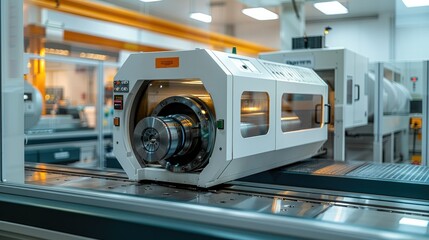 Poster - A futuristic lathe CNC machine with full enclosed cover and window in a salad color in a material testing laboratory of metals. Generative AI.