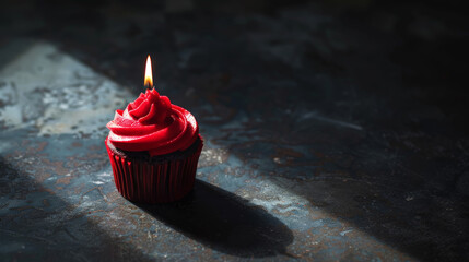 Wall Mural - Aesthetic red cupcake with candle, dark background, copy space. Celebration anniversary concept. Generative AI