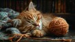 Sleepy ginger cat napping next to a ball of yarn with books in the background. Created with Generative AI.