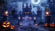 3d illustration of  creepy haunted Halloween castle with scary glowing  jack-o-lantern pumpkin