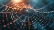 Dewdrops glisten on a spiderweb in a mesmerizing macro shot with a bokeh background. Created with Generative AI.