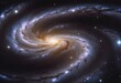 A spiral galaxy with a bright center and swirling arms of stars against a dark background