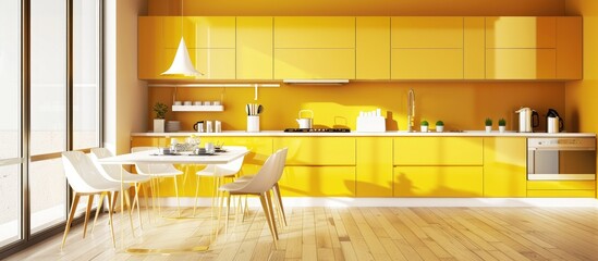 Canvas Print - Yellow Kitchen with White Chairs and Table