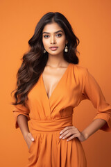 Poster - young indian woman wearing orange luxurious dress