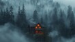 Secluded cabin with glowing windows nestled among misty, dark evergreen trees. Created with Generative AI.