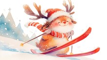 Adorable Christmas Bunny Donning Skis And A Deer Antler Headband In A Charming Watercolor Illustration Set Against A White Backdrop