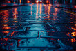 A wet sidewalk with a street light shining in the background