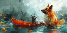 A Painting Featuring Two Dogs Sitting In A Red Boat Banner