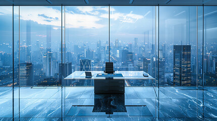 Wall Mural - Spacious Modern Office with Panoramic City View, Sleek Corporate Design with High-End Furniture and Technology