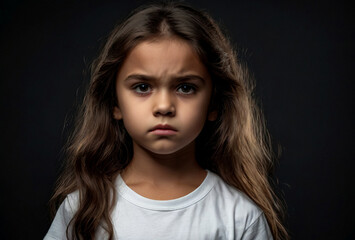 Poster - Portrait of frowning cover girl kid model 6 year old in white t-shirt expression emotion, angry looking at camera. Scowl child posing at black, studio shot. Kids emotional concept. Copy ad text space