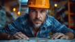 Engineer with hard hat reviewing blueprints in industrial workspace. Concentrated work and project development concept. Close-up shot with selective focus and workshop background