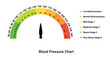 Blood pressure chart. Color scale with arrow and diagram indicators of hypo and hypertension with graphic infographics of cardio vector measurement