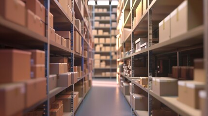 Wall Mural - A commercial storage facility stocked with shelving, cartons, and parcels, showcasing an industrial logistics setting in a 3D image.