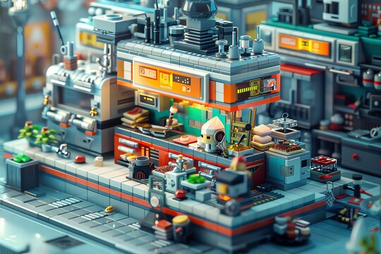 Explore the innovative blend of culinary art and robotics through a pixel art depiction of an aerial view kitchen where pixelated robot chefs whip up pixel-perfect dishes, creating a nostalgic yet fut