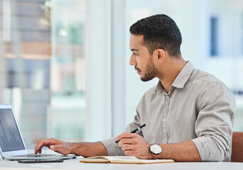 Poster - Laptop, serious and business man writing notes for research, analytics or reading data in office. Computer, graphs and professional on notebook statistics, info or financial advisor work on project