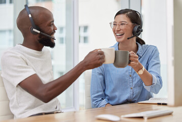 Poster - man, woman and call centre colleagues with cheers, coffee and celebration at desk in office. custome