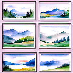 Wall Mural - A series of framed watercolor landscapes Transparent Background Images 