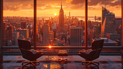 Canvas Print - Sunset Over Manhattan, Panoramic View of Skyscrapers and Empire State Building, Vibrant New York Cityscape