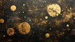 A painting depicting a group of planets aligned in the sky surrounded by stars and cosmic dust