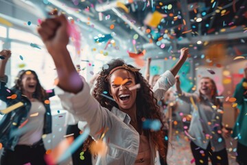 group of young business people celebrating success together with confetti.